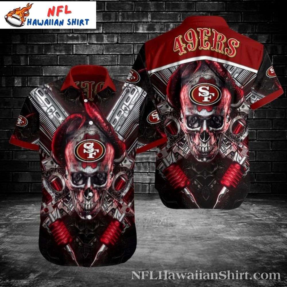 49ers Aloha Shirt - 49ers Cybernetic Skull Red Crimson Aloha Wear